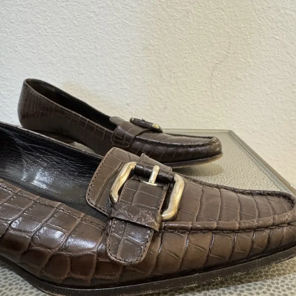 Prada 90s Y2K VTG Brown Croc Pattern Buckle Kitten Heels Pumps Shoes 37.5 7.5